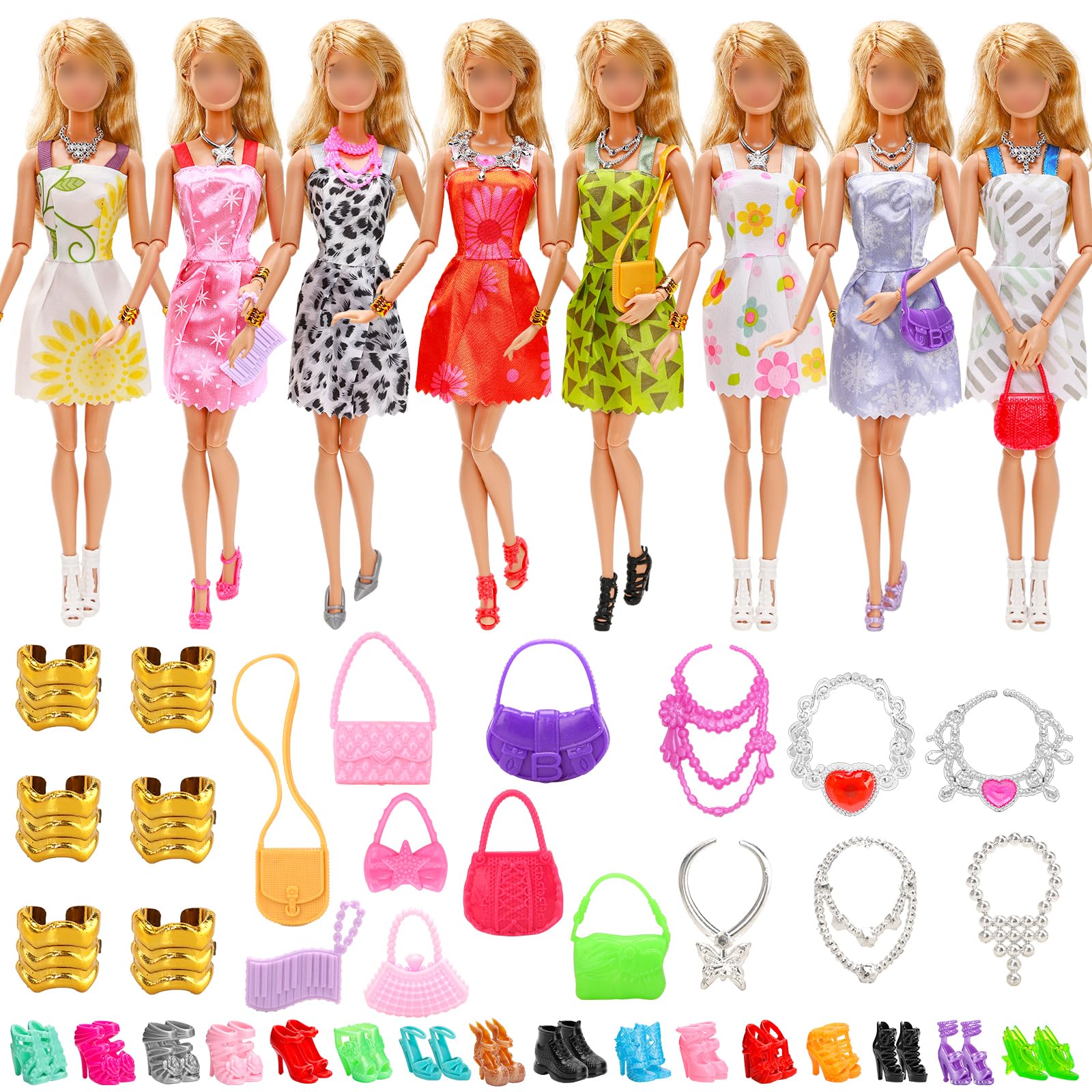 BARWA 53 pcs Doll Clothes and Accessories 10 pcs Party Dresses with 42 pcs Shoes, Crown, Necklace, Hangers, Bags, Accessories for 11.5 inch Doll