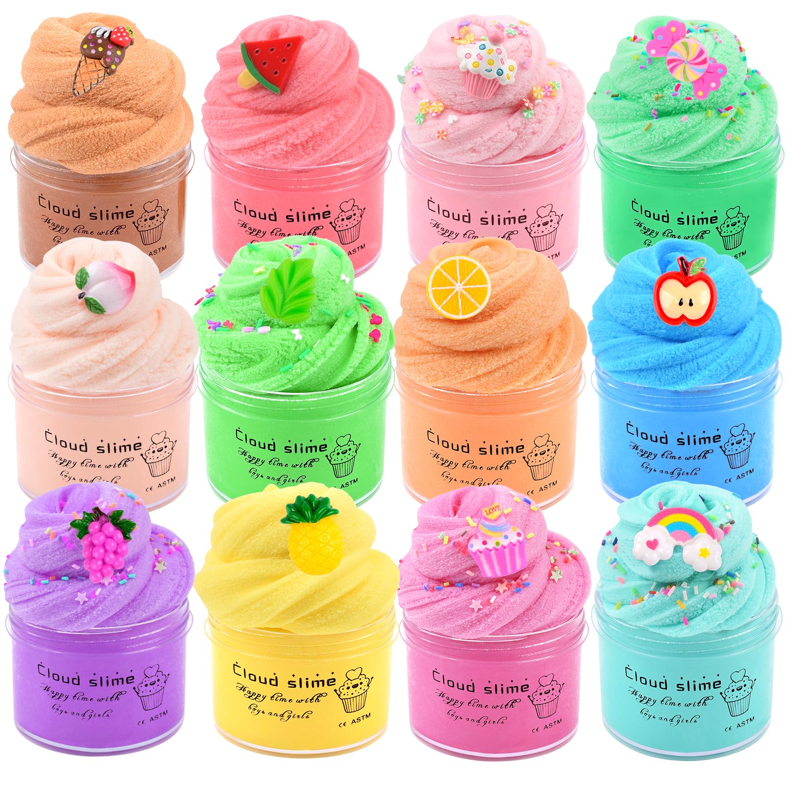 12 Pack Cloud Making Slime Kit, with Rainbow Cake Watermelon Grapes Butter Slimes Charms, Slime for Girls and Boys, Stress Relief Toy for Kids Education, Party Favor, Gift and Birthday