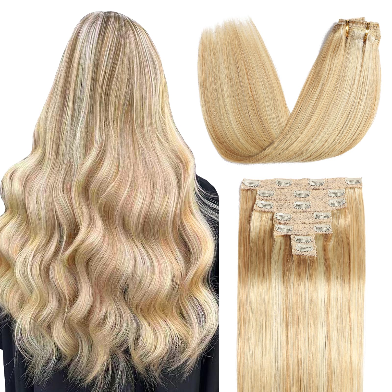 Photo 1 of *PARTIAL SET*
Sisily Clip in Hair Extensions Real Human Hair, 22 inch 120g, Dirty Blonde to Bleach Blonde Highlight, Remy Human Hair Clip in Extensions Soft Straight 7pcs Per Set with 16 Clips Double Weft