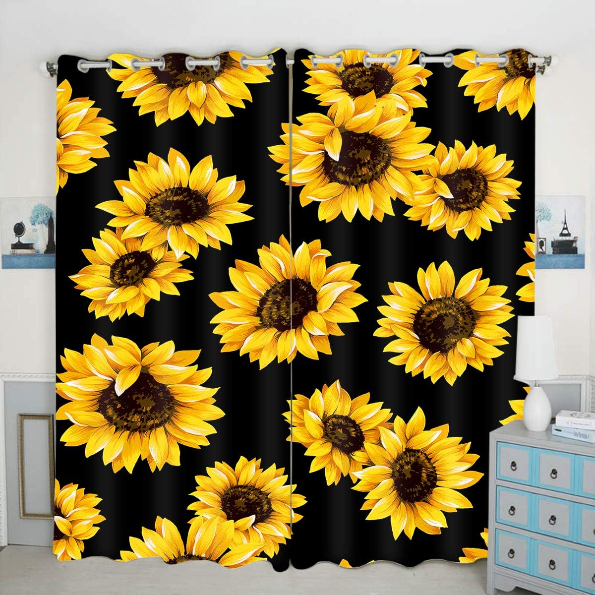 QH Seamless Sunflower Background Window Curtain Panels