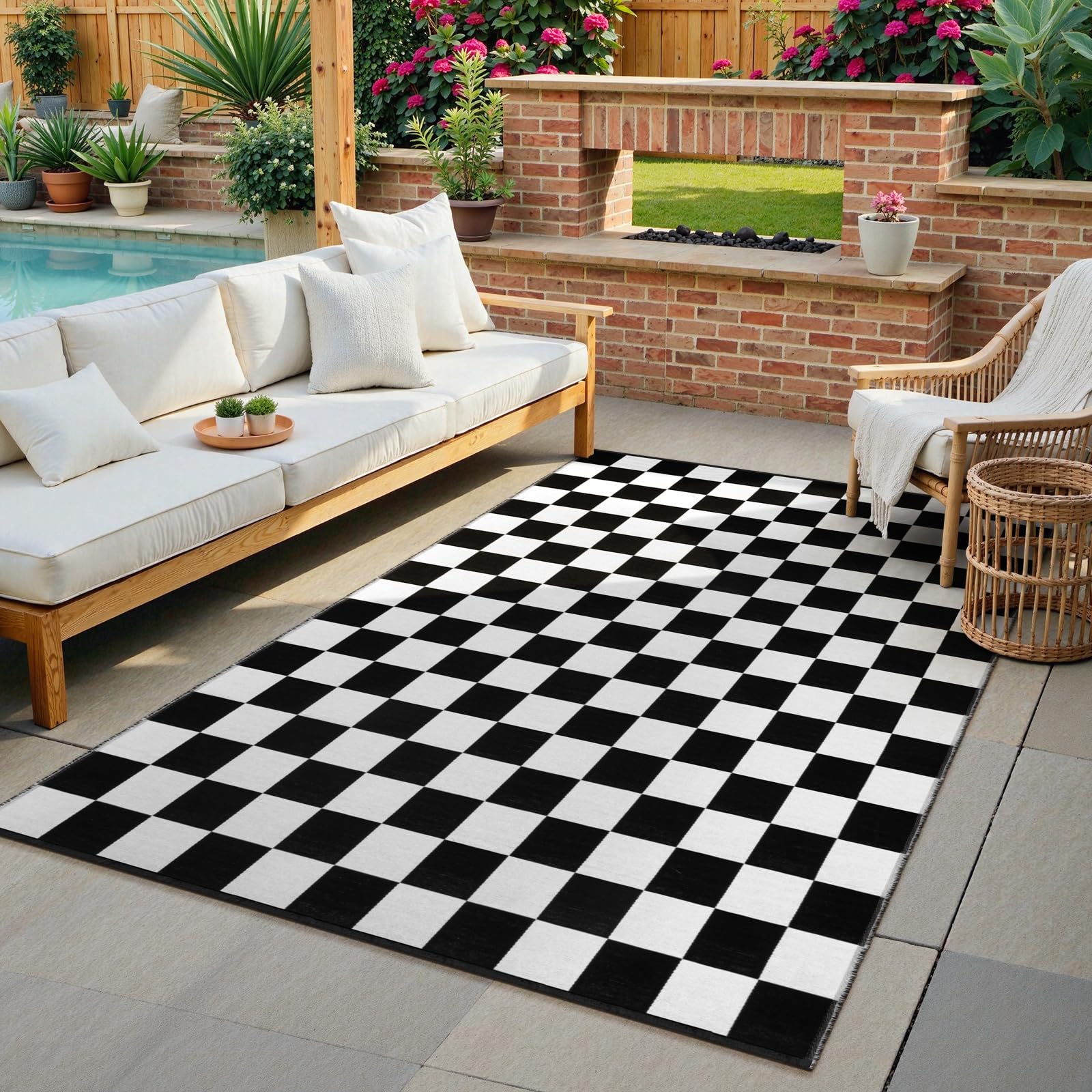 Seavish Checkered Rug, 4x6 Ft Black and White Rug Moroccan Checkerboard Rug Outdoor Foldable Washable Area Rug Floor Cover Indoor Carpet for Living Room Bedroom Dining Room Patio Porch