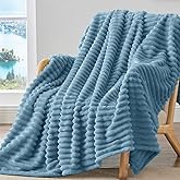 BEDELITE Fleece Throw Blanket for Couch - 300GSM Soft & Warm Fluffy Light Blue Blanket, Decorative and Giftable Striped Blankets for Women, Men, 50"x60"