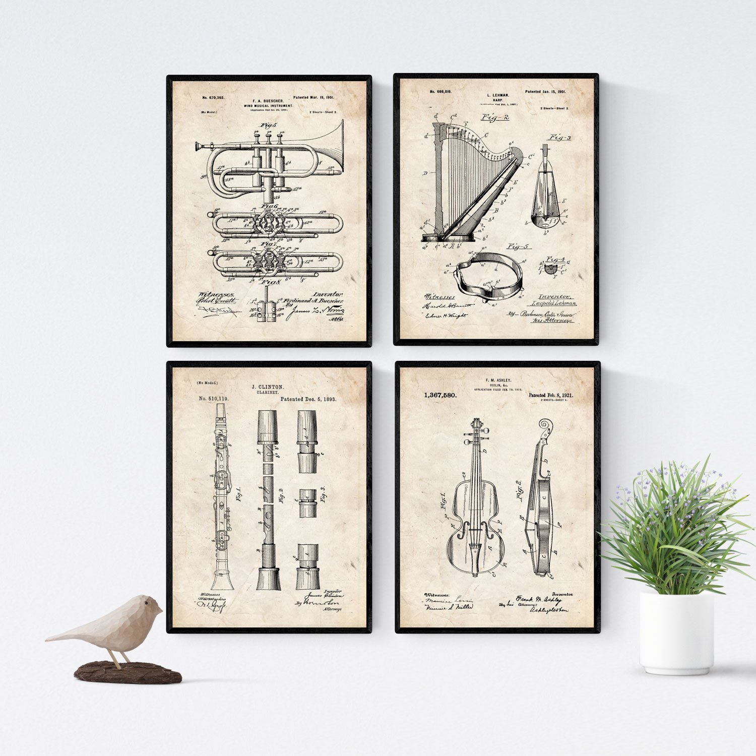 Nacnic VINTAGE - Pack of 4 sheets with patents musical instruments. Set posters with inventions and old patents. Choose the color you like. Printed on 250 grams