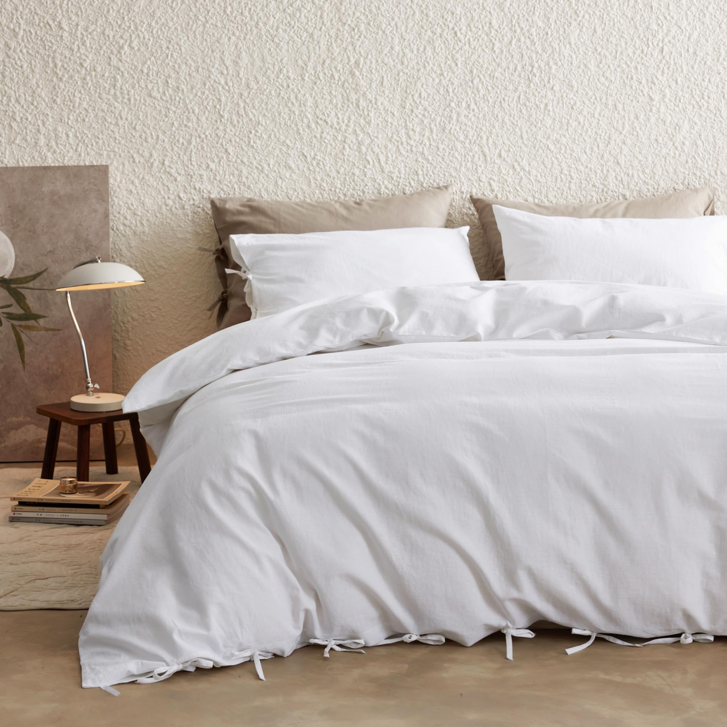 Simple&Opulence Linen Duvet Cover Set King, Cozy Breathable Blend Bedding Set with Bow Tie, Warm Autumn Quilt Cover, Luxury Hotel-Quality, Elegance & Romantic for Girls (Bright White,230x220cm) — image 1