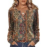 Zeagoo Fall Tops for Women Long Sleeve Button Up Shirts Floral Tunics V Neck Pullover Blouse