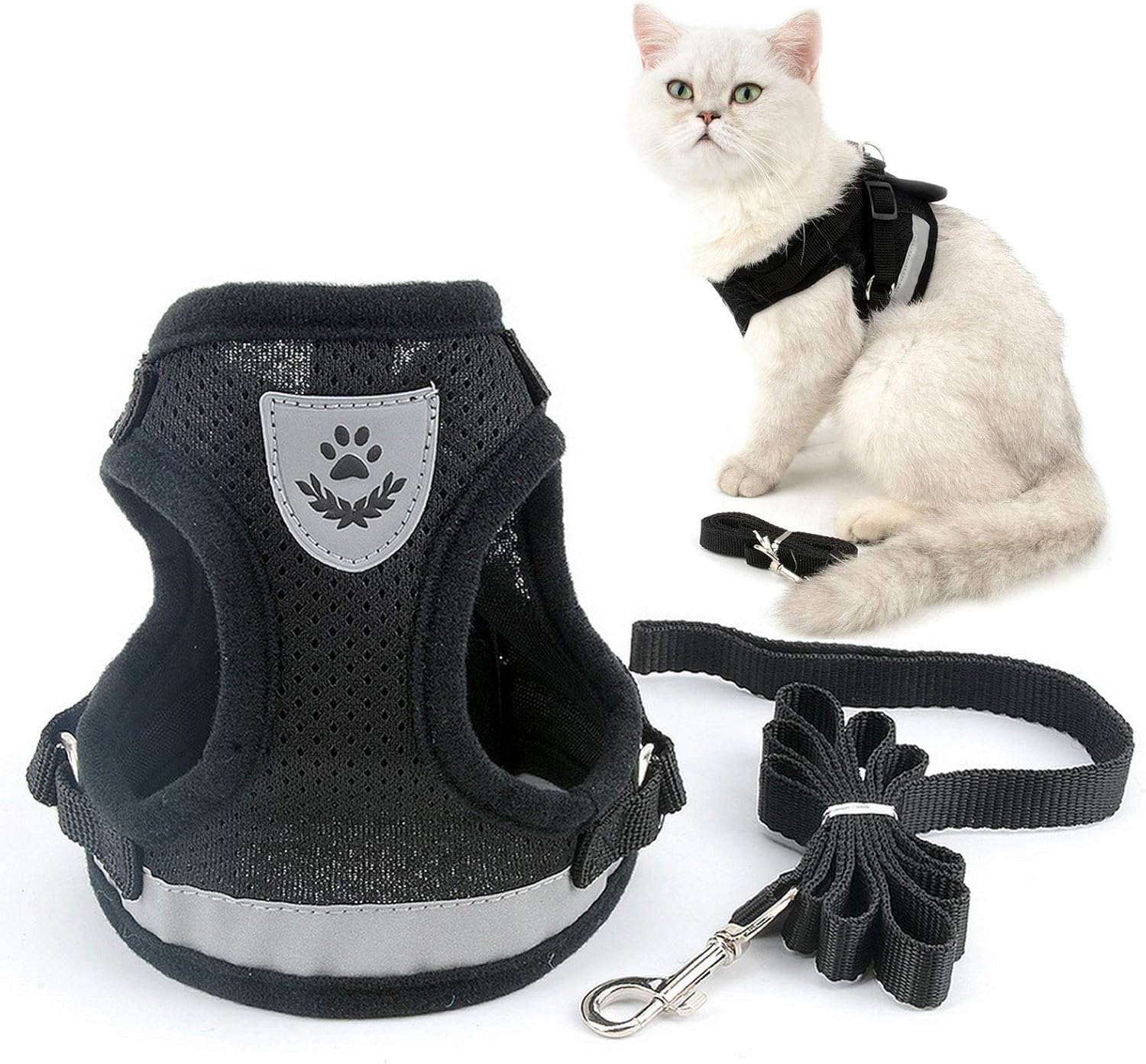 SMALLLEE_LUCKY_STORE Soft Mesh Refective Cat Harness and Lead Set Escape Proof Adjustable No Pull Choke Safe Walking Jacket for Small Dogs Puppy Kitten,Black Small