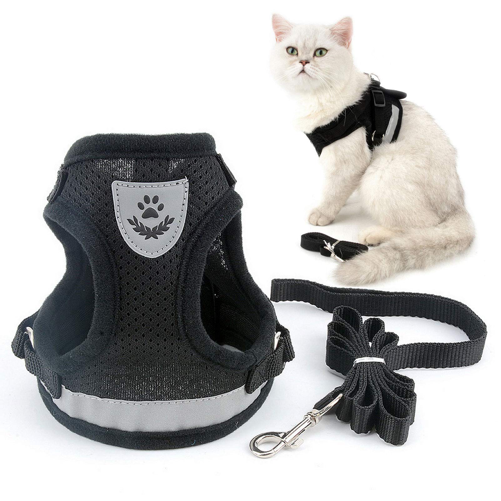 SMALLLEE_LUCKY_STORE Soft Mesh Refective Cat Harness and Lead Set Escape Proof Adjustable No Pull Choke Safe Walking Jacket for Small Dogs Puppy Kitten,Black Large