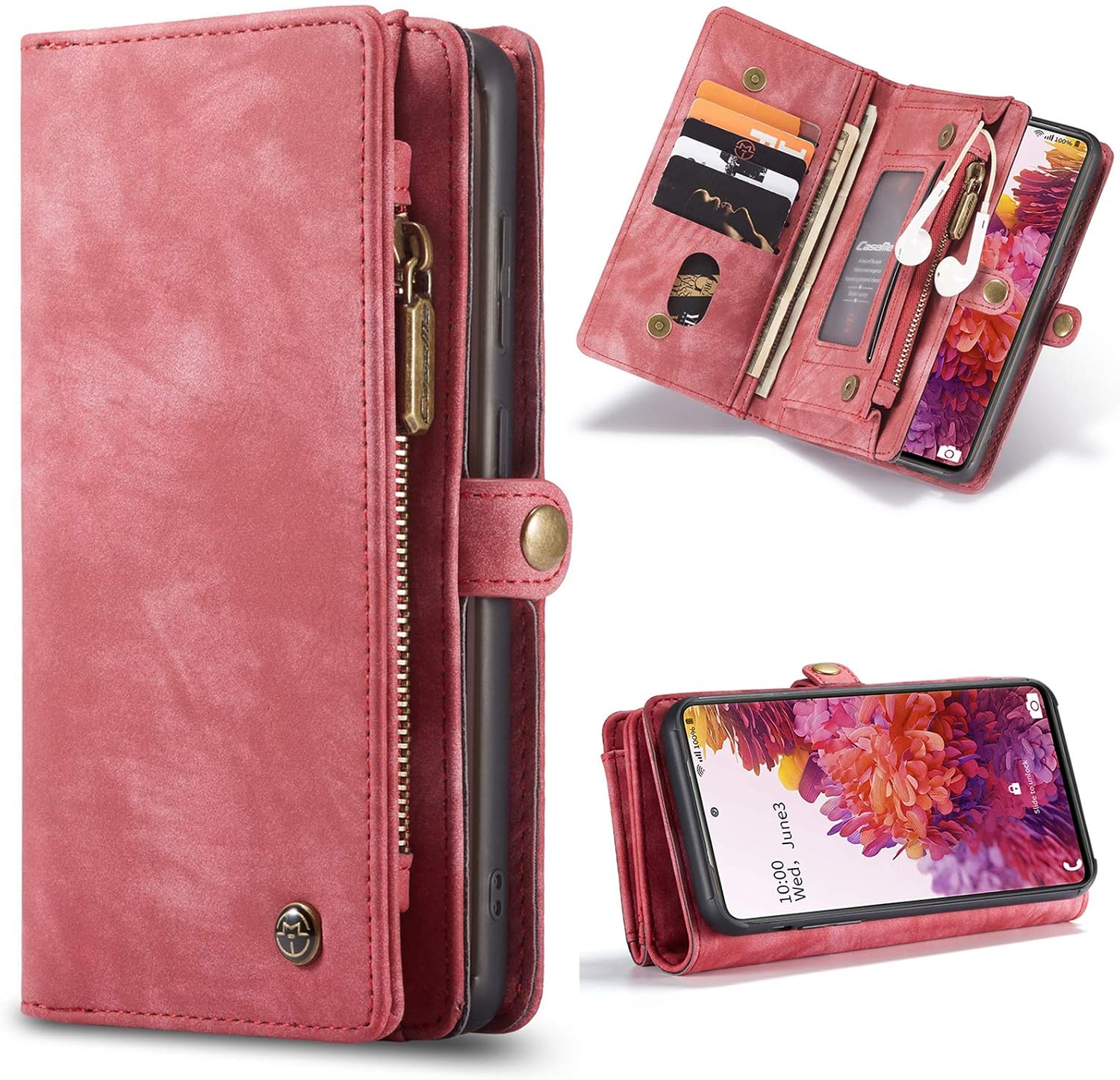 ANROD Detachable Leather Wallet Case for Samsung Galaxy S20 FE 5G,CaseMe Magnetic Closure 2-in-1 Flip TPU Shockproof Zipper Purse Back Cover with Card Slots (Red)