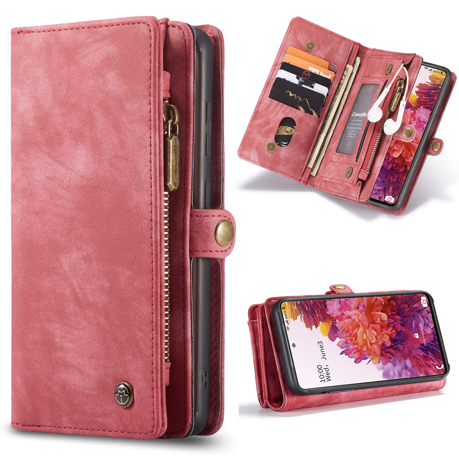 ANROD Detachable Leather Wallet Case for Samsung Galaxy S20 FE 5G,CaseMe Magnetic Closure 2-in-1 Flip TPU Shockproof Zipper Purse Back Cover with Card Slots (Red)