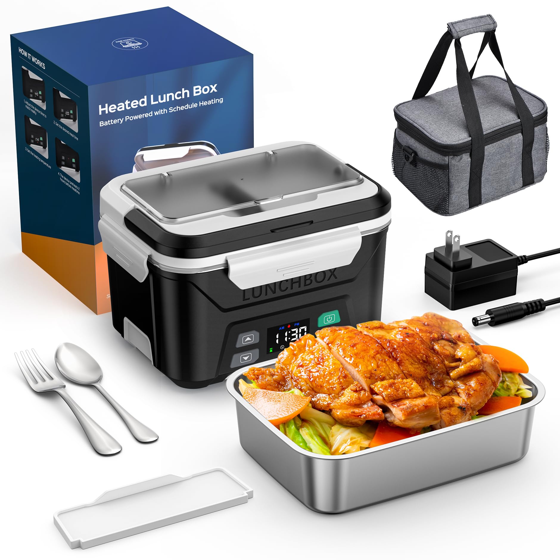 Photo 1 of EAST OAK Heated Lunch Box Battery Powered with Automatic Heating, Cordless Heatable Lunchbox for Adults, 1.3L Portable Food Warmer with Insulated Carry Bag