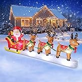 12 FT Long Christmas Inflatables Santa Claus with Reindeers Outdoor Decorations, Xmas Blow Up Yard Decorations with Built-in LED Lights, Reindeers Pull Sleigh for Xmas Party Decor Yard Garden Lawn