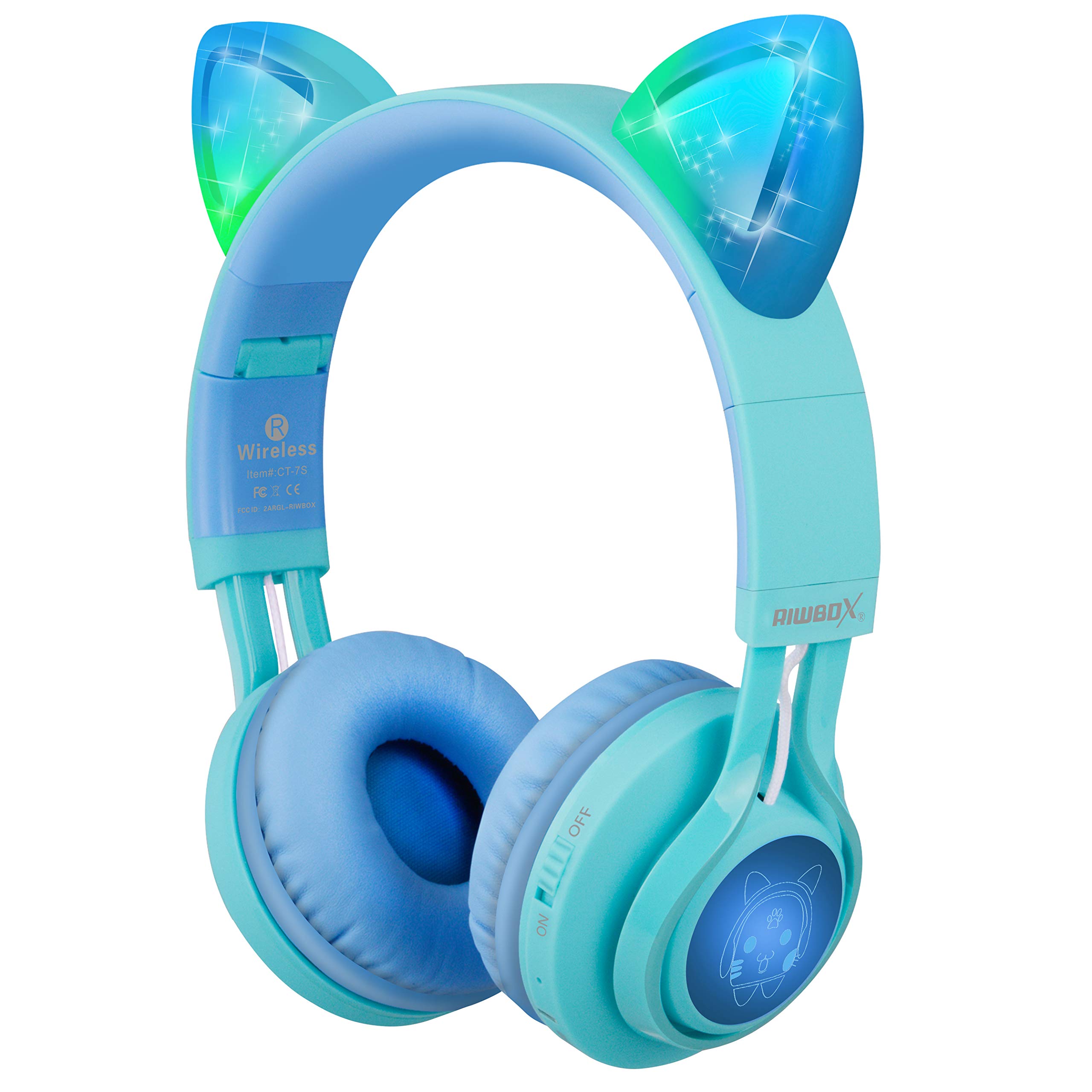 Riwbox Kids Wireless Headphones,CT-7S Cat Ear Kids Bluetooth Headphone Over Ear with Mic Vol. Limits 85dB, LED Light for Phone/Tablet/TV(Blue&Green)