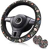 Wildflower Car Steering Wheel Cover 15 in, 2 Cute Floral Car Coasters | Multicolor Anti-Slip Breathable softness elasticity Universal Suitable for Men Women