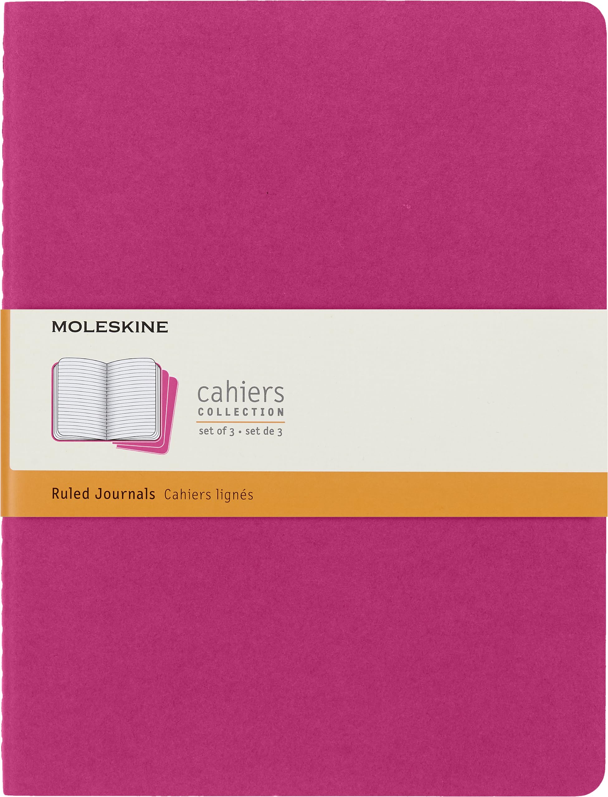 Moleskine Cahier Journal, Set 3 Notebooks with Ruled Pages, Cardboard Cover with Visible Cotton Stiching, Colour Kinetic Pink, Extra Large 19 x 25 cm, 120 Pages