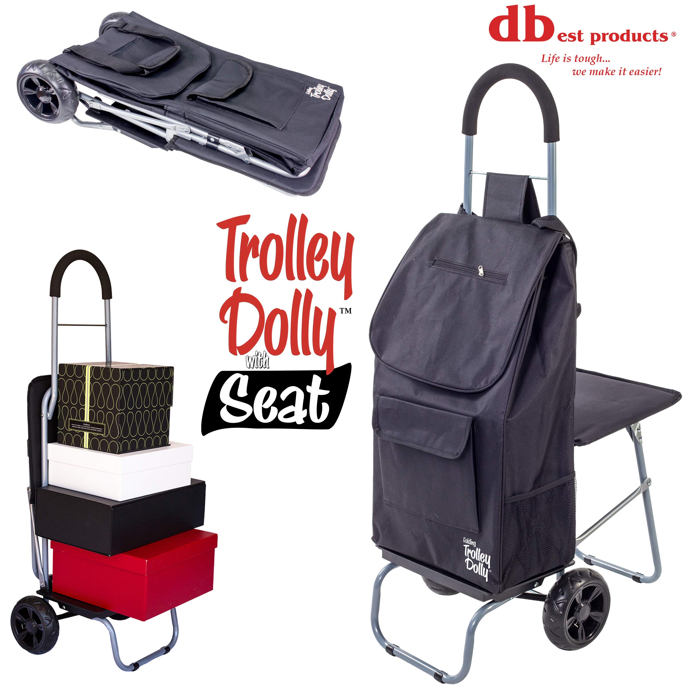 Trolley Dolly with Seat, Black Shopping Grocery Foldable Cart Tailgate