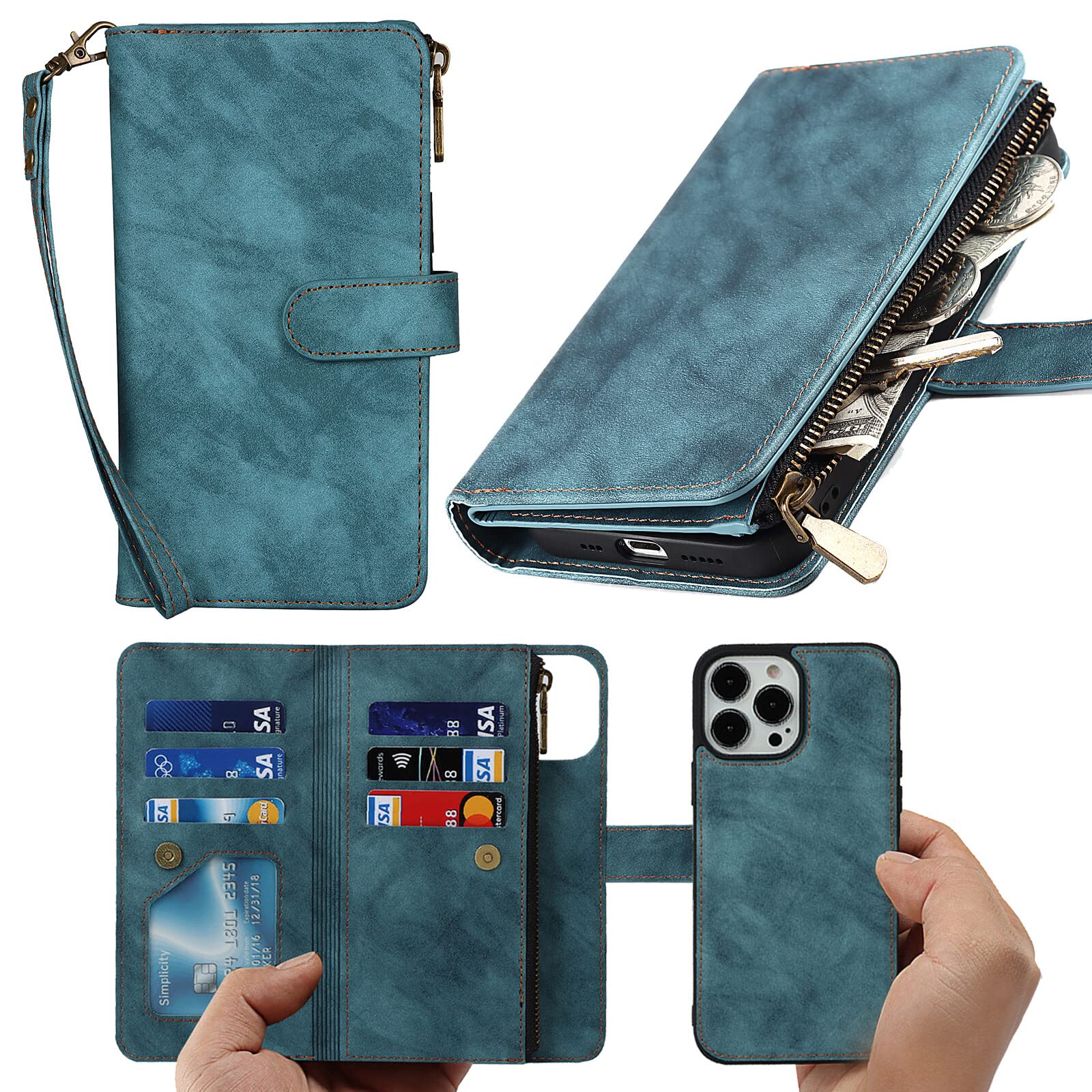 Photo 1 of ?????? for iPhone 13 Case Wallet Detachable,for iPhone 13 Phone case with Card Holder,Flip Folio Zipper Wallet case with Credit Card Slots for Women Men-Blue