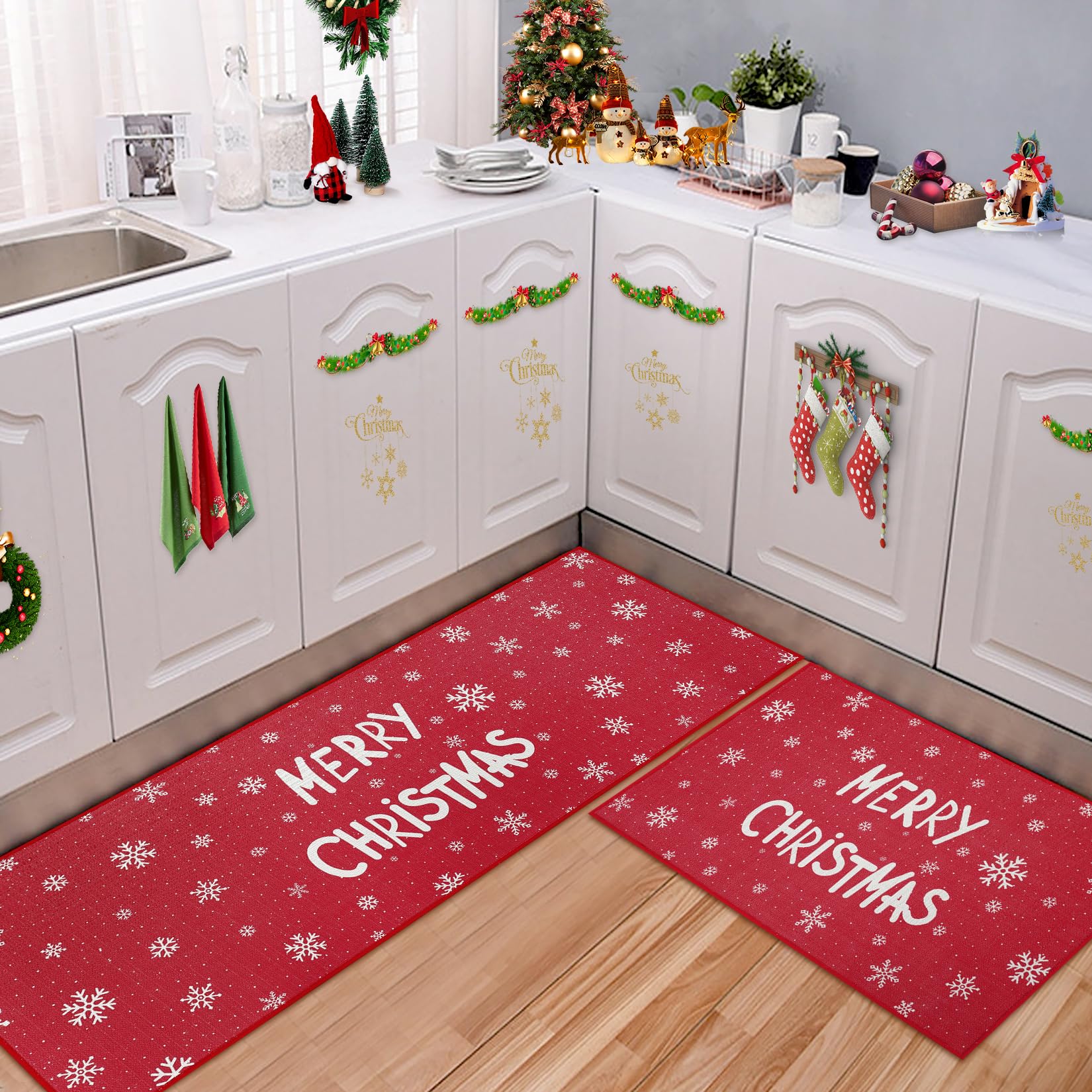 CAROMIO Christmas Kitchen Rug Set 2 Pieces Non-Slip Doormat Entryway Carpet Runner for Hallway Christmas Decor Washable Rug Runners White Printed Letters 40x60+40x120 cm