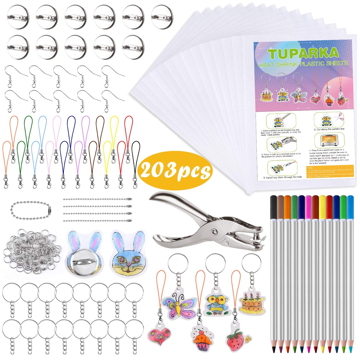TUPARKA 203 Pcs Heat Shrink Plastic Sheet Kit, 25 Sheets Shrink Film Art Paper, Rolling Mills, Colored Pencils and 165 Pieces Key Rings and Jewelry Making Accessories