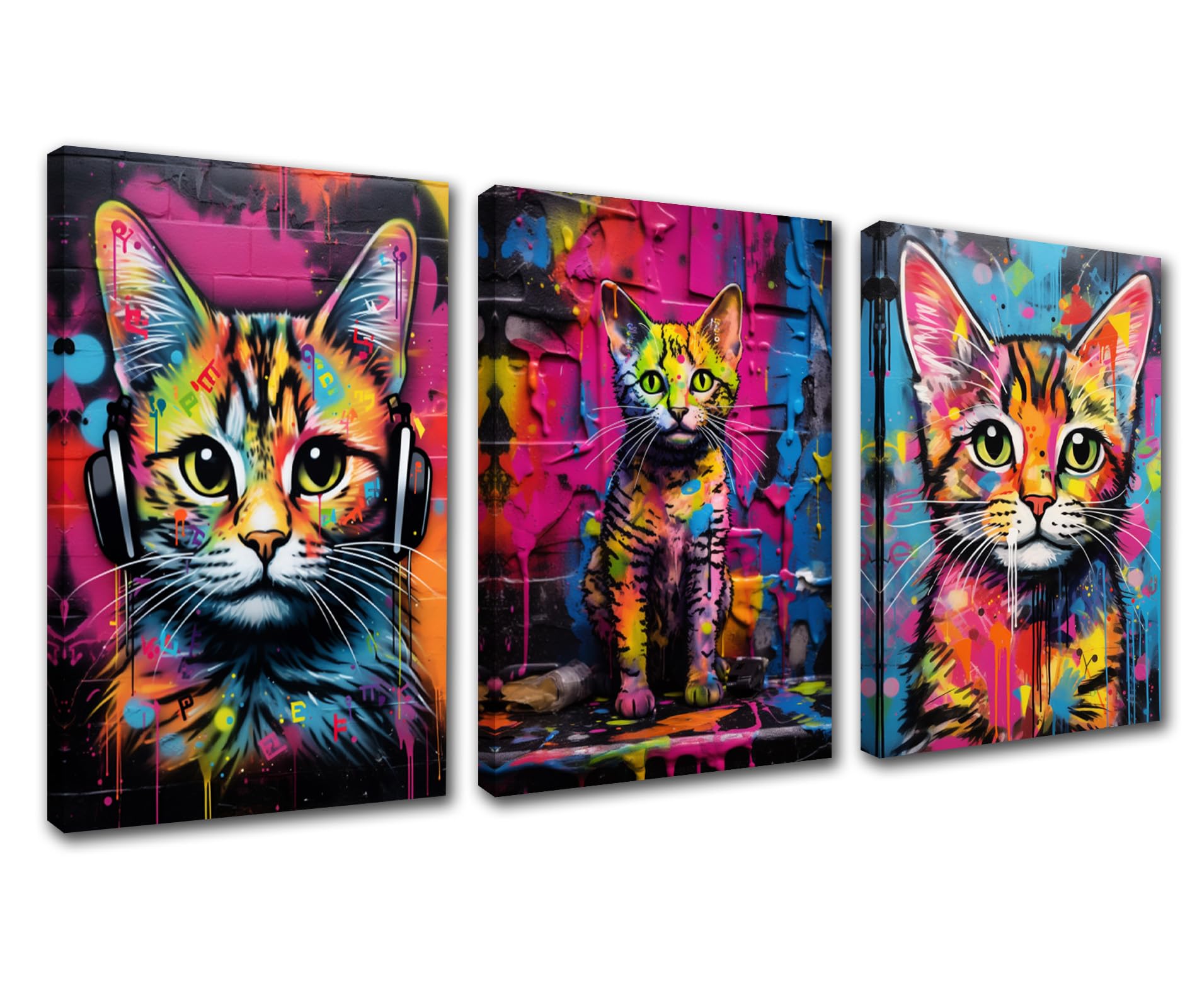 Watercolour Style Canvas Wall Art Graffiti Painting Prints Poster Cat Standing on a Colorful Wall Picture Wall Decor for Livingroom Home Decor Funny Animal Artwork Stretched Easy to Hang 42”x20”