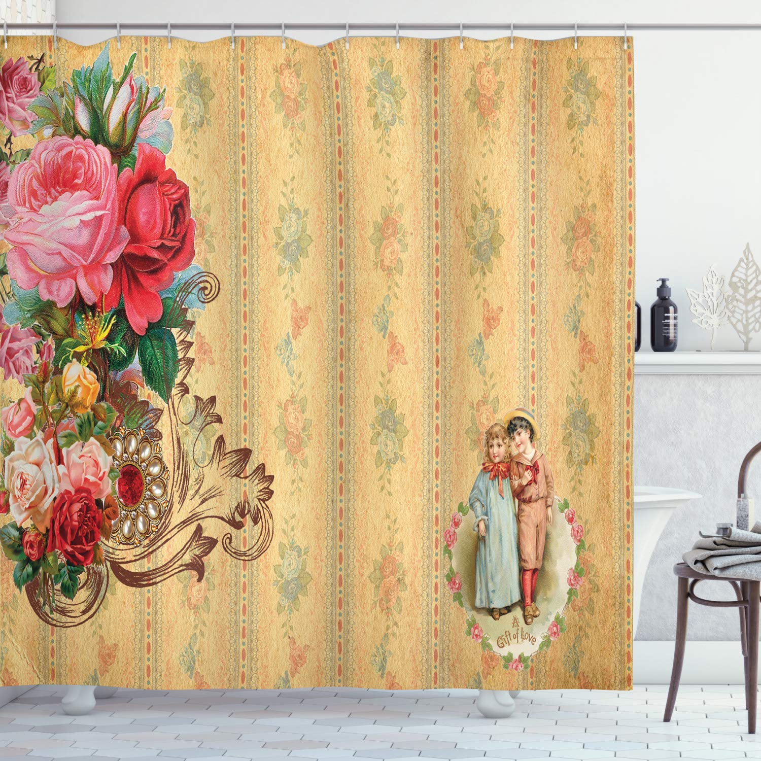 ABAKUHAUS Vintage Shower Curtain, Country House Themed Romantic Image with Retro Romantic Roses, Cloth Fabric Bathroom Decor Set with Hooks, 175 x 200 cm, Sanbrown Light Pink And Hot Pink