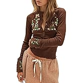 MISSACTIVER Floral Embroidered Crop Tops for Women Long Sleeve Button Down Ribbed Knit Tshirt Slim Fit Lettuce Hem Boho Shirt Brown