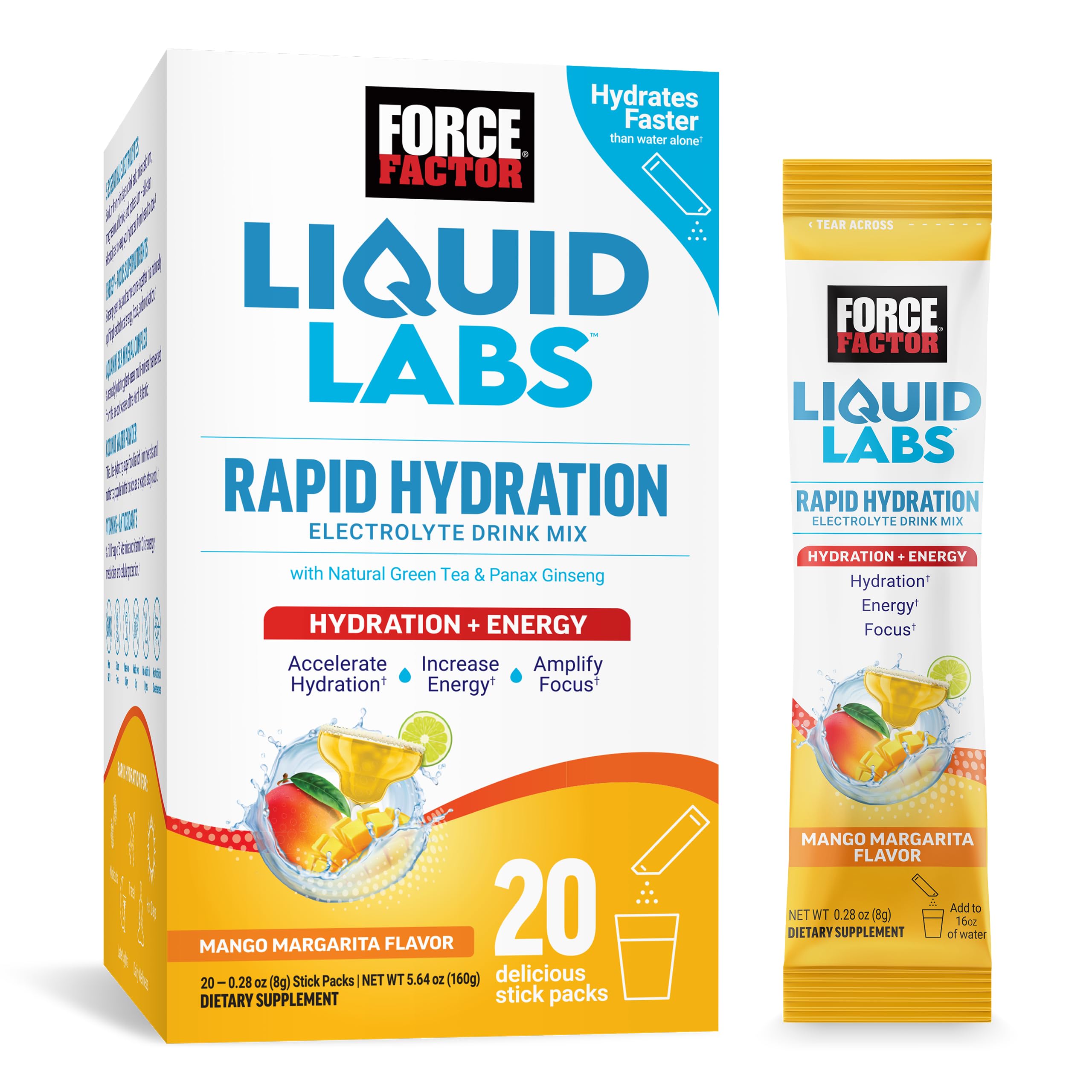 Photo 1 of Force Factor Liquid Labs Electrolytes Powder Packets—Mango Margarita—Energy Hydration Packets to Make Electrolyte Water with 5 Essential Electrolytes, Vitamins, Minerals & Antioxidants, 20 Stick Packs