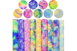 Shalun Iridescence Tie dye Faux Leather Sheets 8x12inch Sparkly Colorful Rainbow Camouflage Print Chunky Glitter Leatherette Fabric for Cricut Bows Earrings
