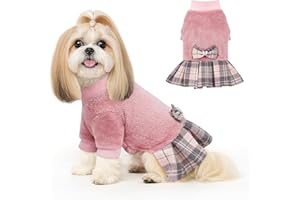 YUDODO Fleece Small Dog Sweater Dress with Bowtie, Female Fall Winter Warm Dog Clothes, Princess Sweater Dress for Small Dogs Girl (Pink, Medium)
