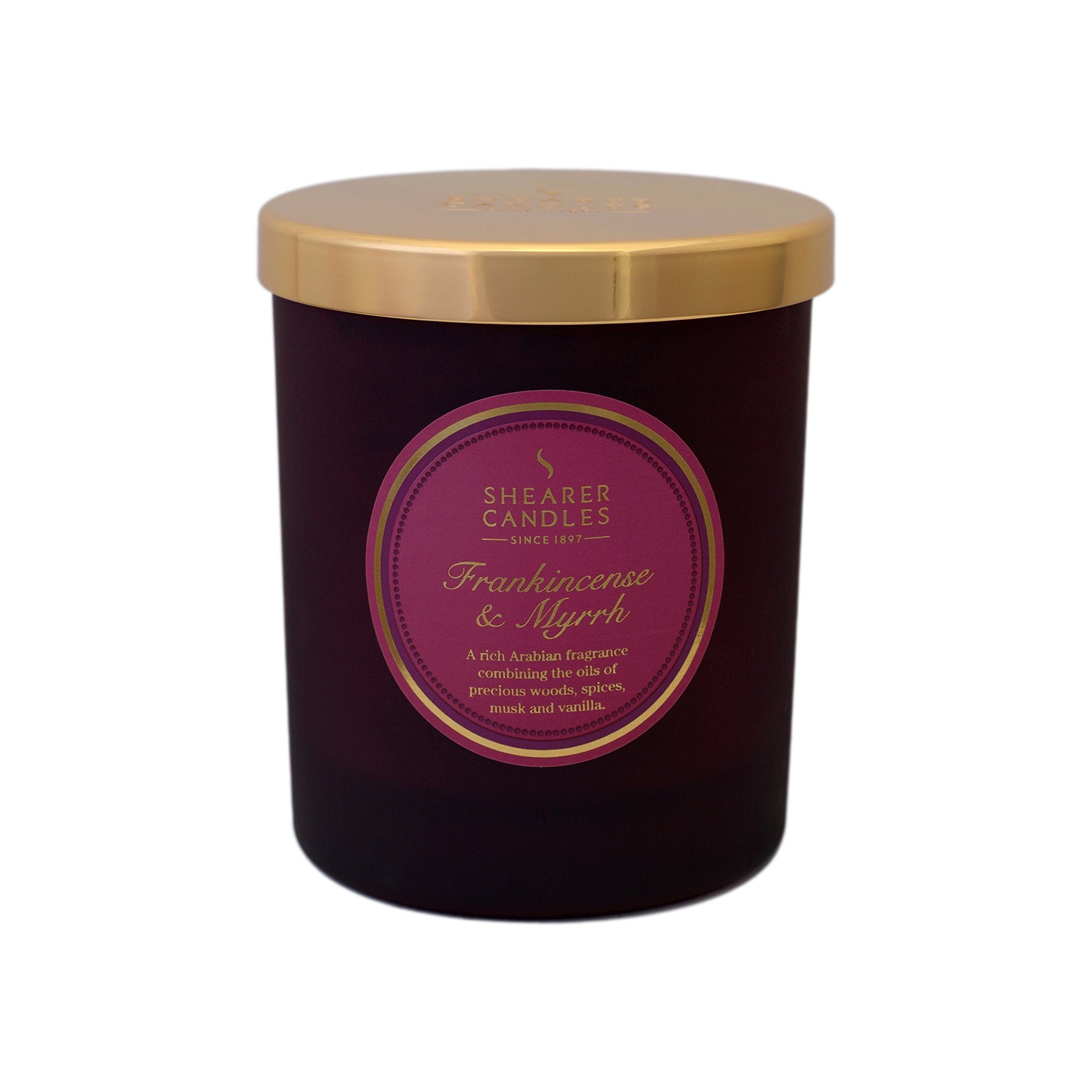 Shearer Candles Frankincense and Myrrh Scented Jar Candle with Gold Lid - Burgundy