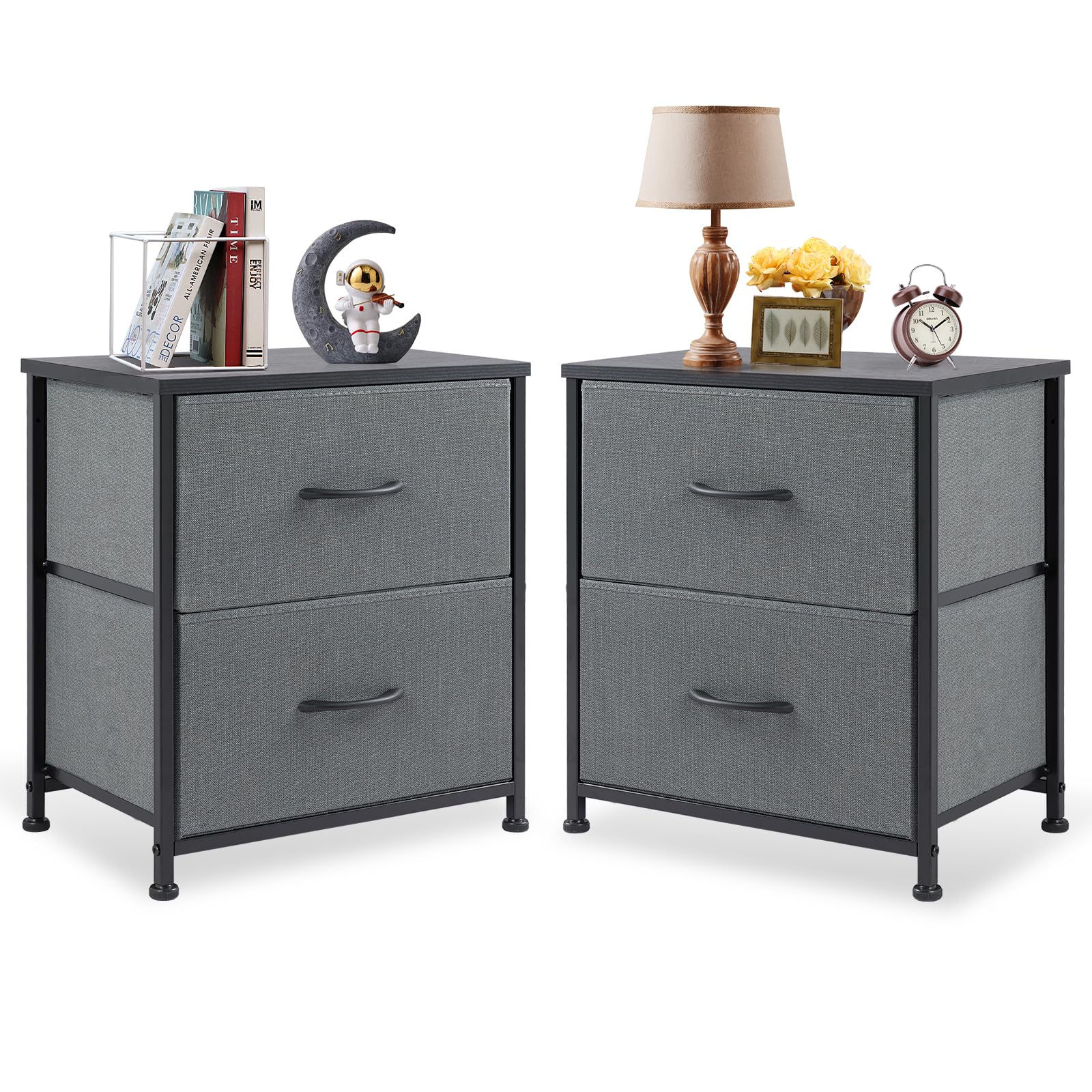 DUMOS Nightstand Set of 2, Dresser for Bedroom with 2 Drawer, Small Dresser Beside Tables, Nightstand with Removable Fabric Bins for Small Spaces, Closet, Entryway, College Dorm, Grey