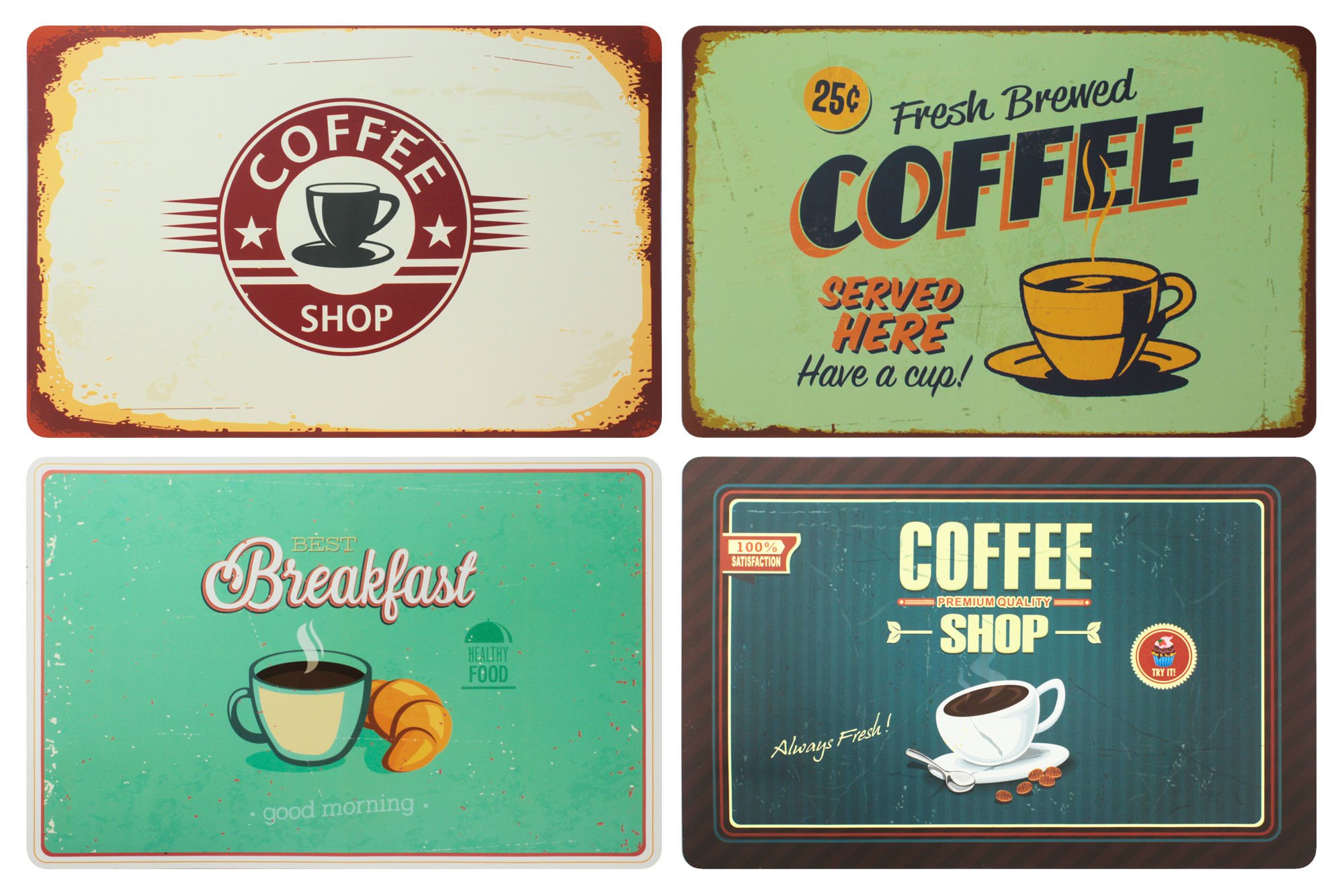 ootb Set of 4 Retro Look Table Mats: Breakfast, Coffee Shop - Plastic, Washable, 43 x 28 cm