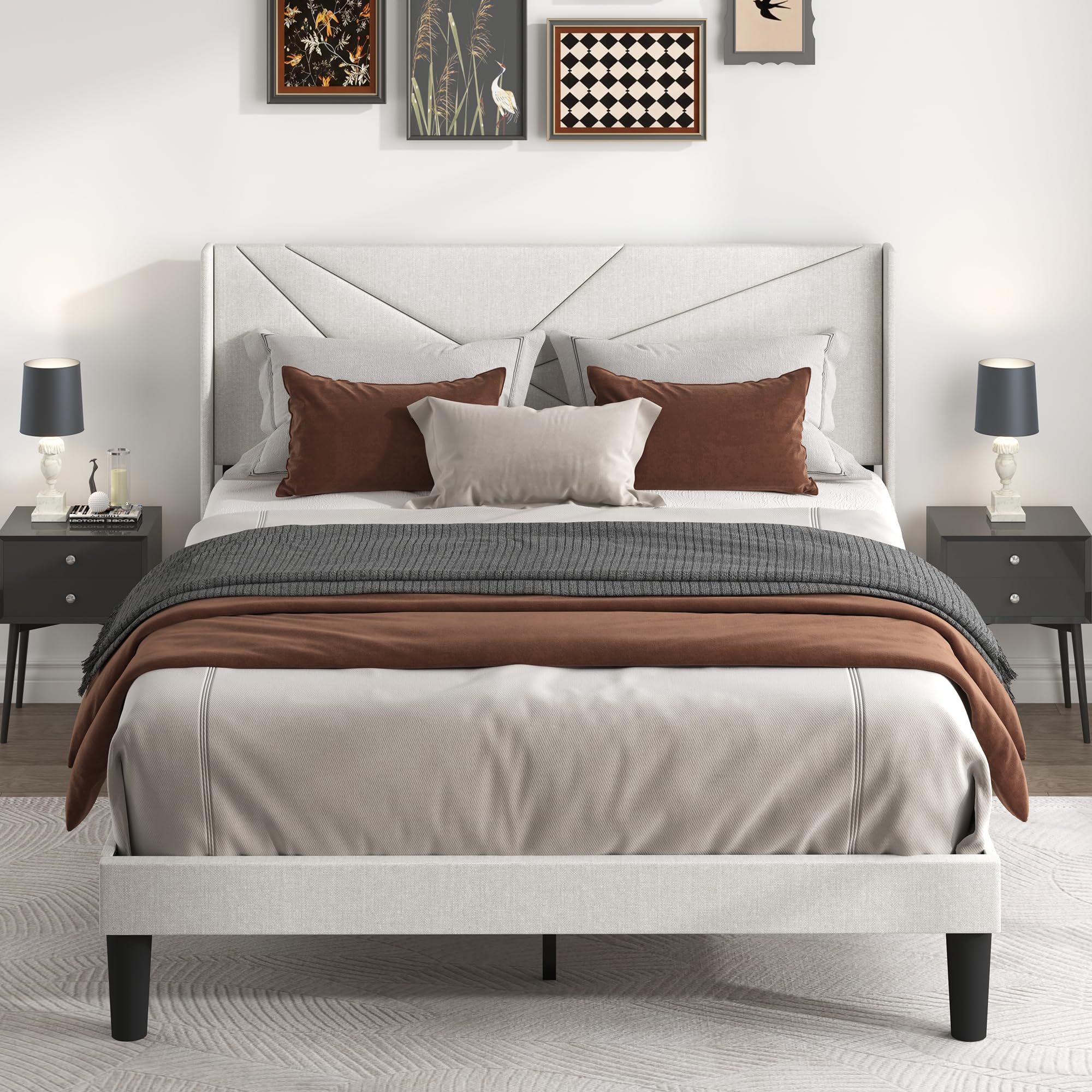 Photo 1 of Pricolotus Queen Size Bed Frame with Upholstered Wingback Headboard, Easy Assemnly Platform Bed and Heavy Duty Wooden Slats Support, Noise-Free, No Box Spring Needed (Sand, Queen)