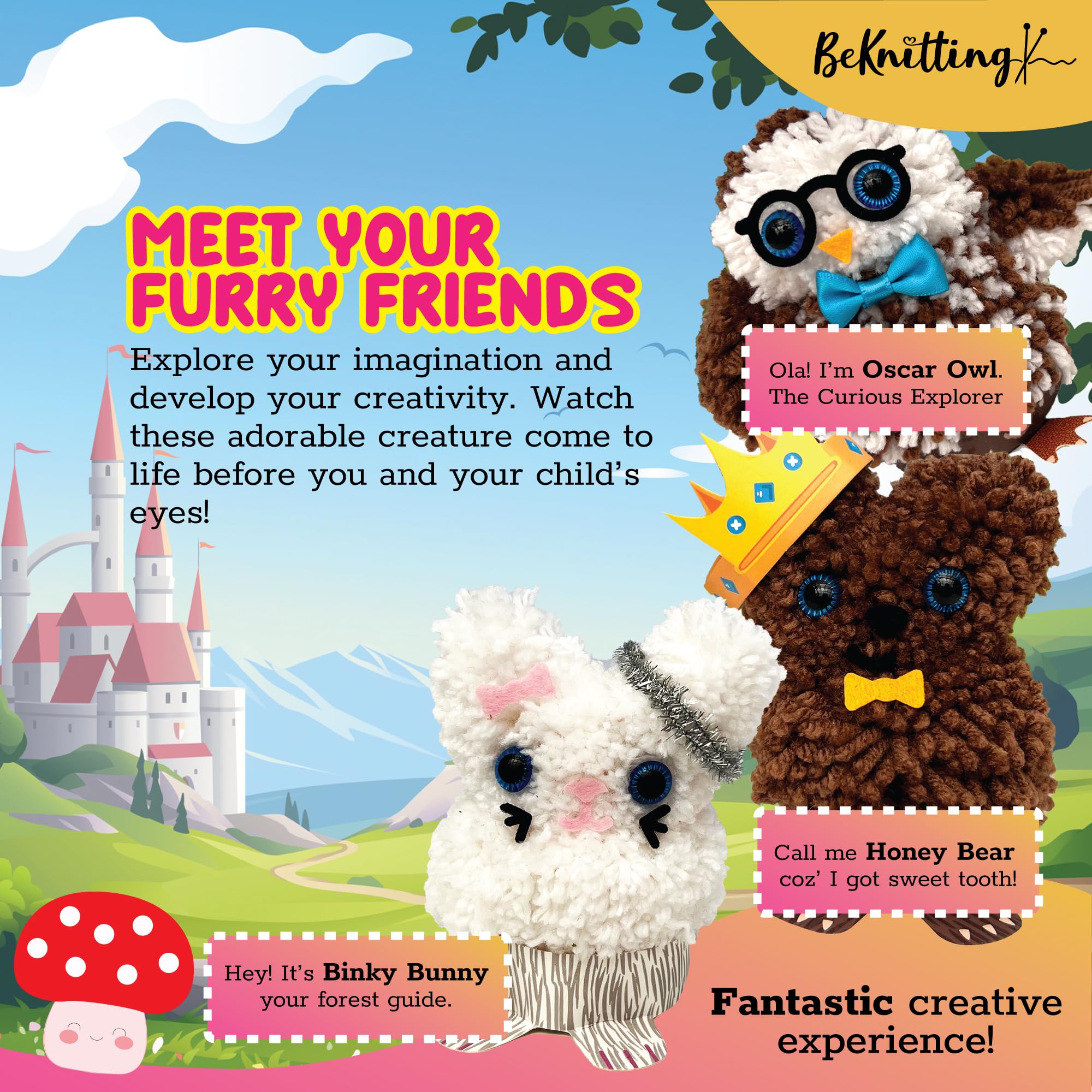 BeKnitting Pompom Maker DIY Craft Kit for Kids - Complete with Yarn, Pom pom Makers, & Stickers