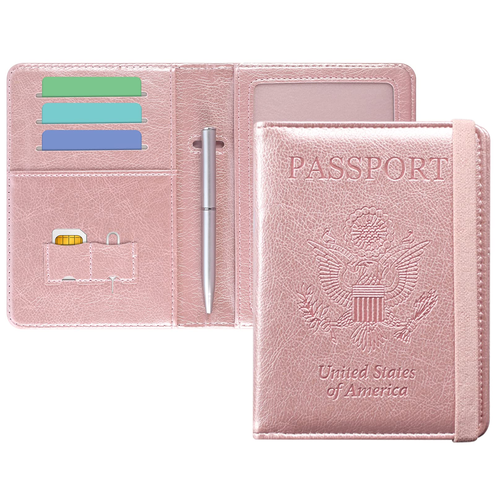 DMLuna Passport Holder, Premium PU Leather Travel Passport Wallet RFID Blocking Passport Cover Case Travel Documents Organizer with Pen Holder, for Women and Men