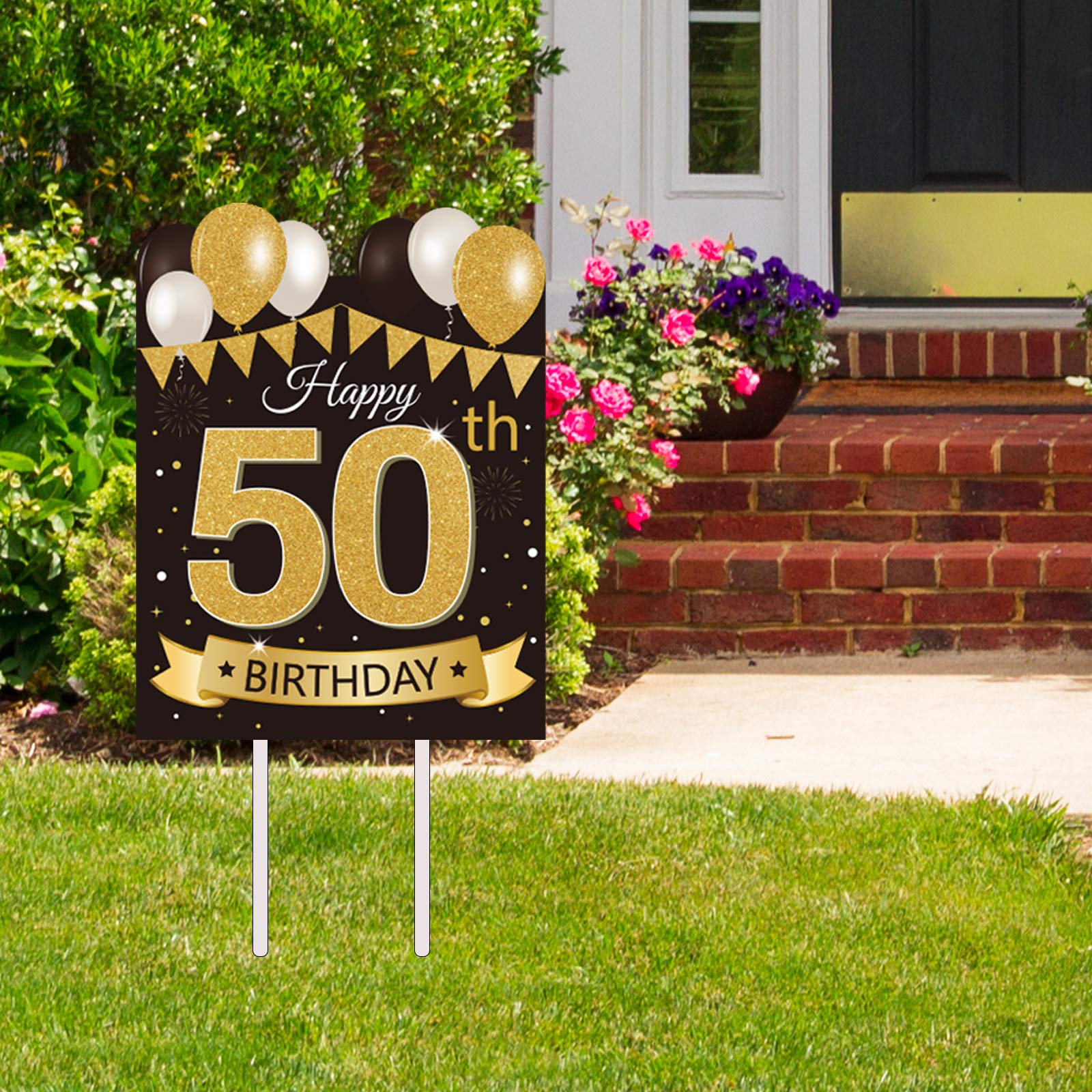 Large Happy 50th Birthday Party Yard Sign Black Gold 50 Birthday Yard Signs with Stakes and Outdoor Lawn Decorations