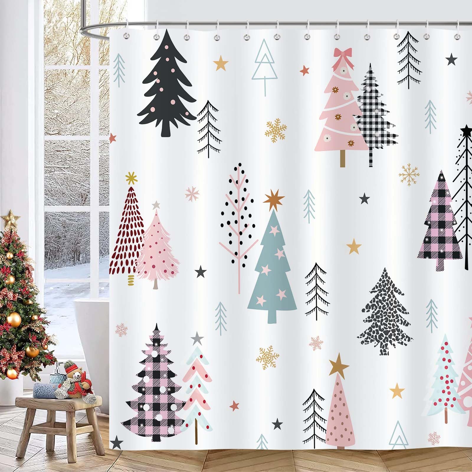 Bonhause Christmas Tree Shower Curtain, Pink Black Xmas Trees Stars Winter Bathroom Curtain 180 x 180 cm Waterproof Mildew and Mould Resistant Polyester Fabric Bath Curtain with 12 Hooks