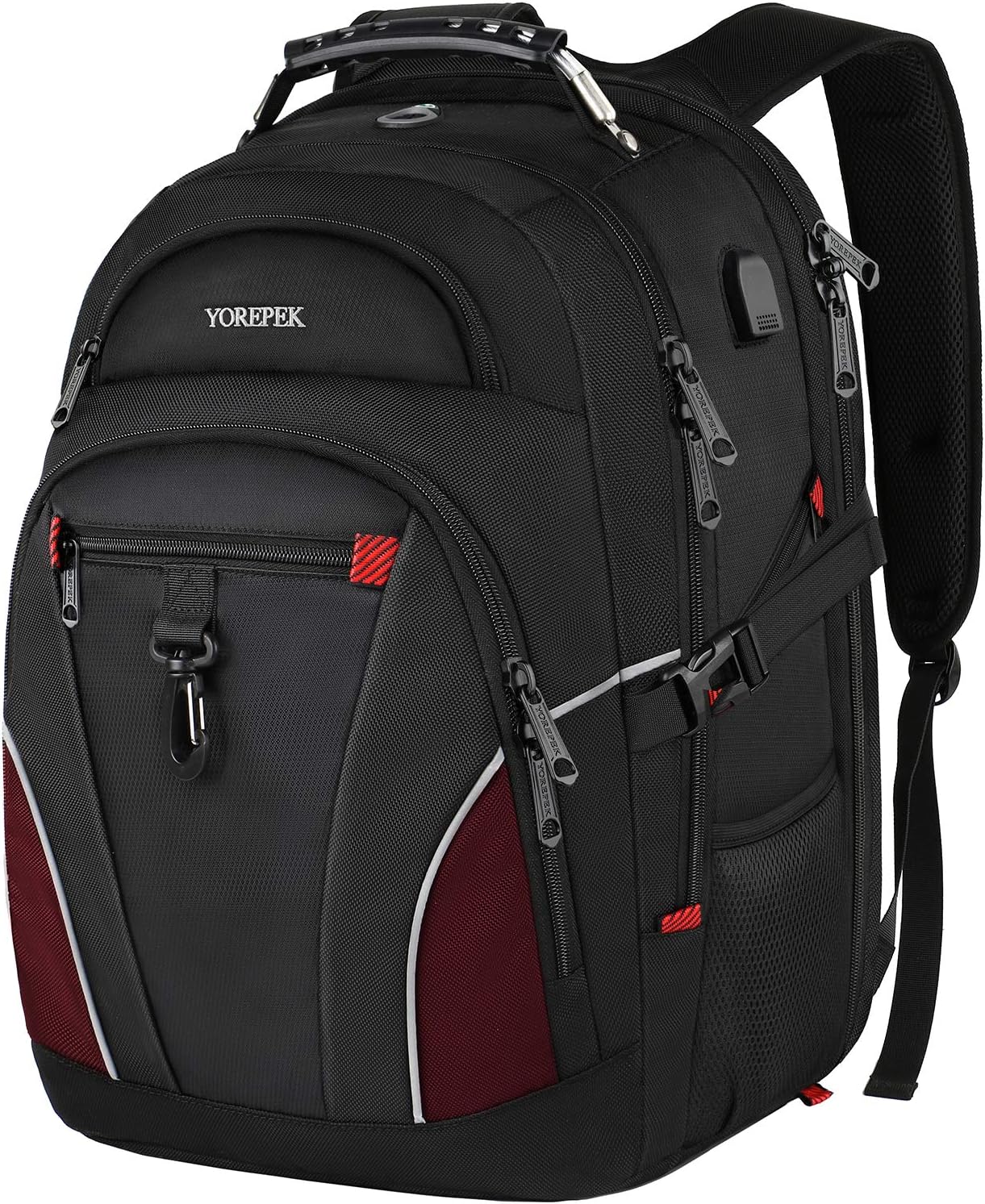 Laptop Outdoor Backpack,TSA Friendly Travel College School Computer Daypack USB Charging Port and Headphone Hole,Casual Hiking Camping Rucksack for Women Men,Fit 15.6-Inch Laptop Notebook, Red