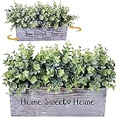 1 Pcs Wooden Potted Eucalyptus Plant Greenery Arrangement Artificial Eucalyptus Plant in Rectangular Wood Planter Box for Rustic Farmhouse Indoor Centerpiece Tabletop Window Sills Kitchen Shelf Decor