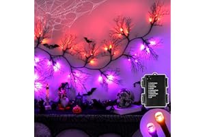 ENVOTEK 6 FT 45 LED Willow Vine Twig Decor Black Halloween Garland with Orange Purple Lights, Timer 8 Modes Waterproof Battery Operated Indoor Halloween Decorations for Wall Fireplace Mantle Home Office Decor