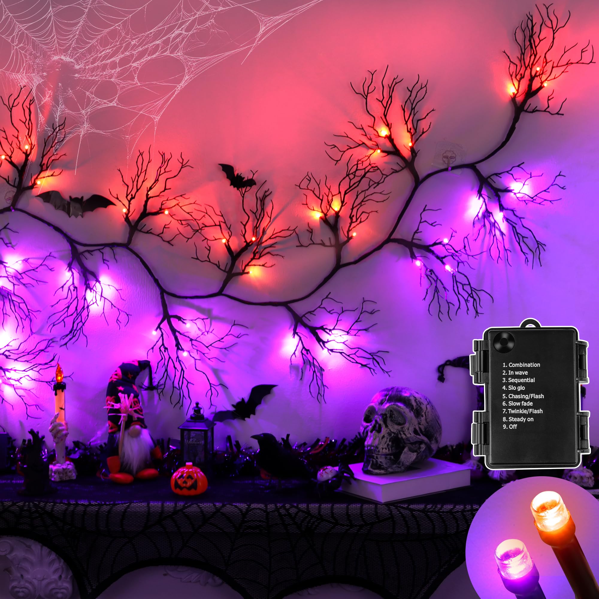 Photo 1 of 6 FT 45 LED Willow Vine Twig Decor Black Halloween Garland with Orange Purple Lights, Timer 8 Modes Waterproof Battery Operated Indoor Halloween Decorations for Wall Fireplace Mantle Home Office Decor