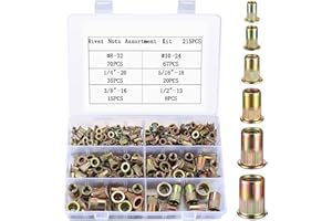 BJBJJIU 215 Pcs Rivet Nut Assortment Kits, Carbon Steel Flat Head Threaded Inserts Rivet Nuts Tool Kit, Zinc Plated Finish, 8-32, 10-24, 1/4''-20, 3/8''-16, 5/16''-18, 1/2"-13
