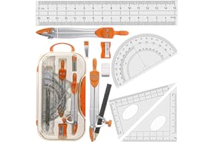 AKUOLY Maths Compasses for Geometry Student Drafting Compass Set Starter Kit with Protractor, Set Squares with Case for School Maths Study, Orange