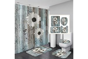 AZHM White Daisy Flower Shower Curtain Sets with Rugs 4 Piece Rustic Flower Floral Wood Panel Bathroom Decor Set with Non-Slip Rugs Toilet Lid Cover and Bath Mat Farmhouse Bathroom Shower Set