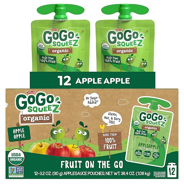 GOGO SQUEEZ ORGANIC APPLESAUCE AND FRUIT PUREE, APPLE APPLE, 3.2 OZ (PACK OF 12), UNSWEETENED ORGANIC FRUIT SNACKS FOR KIDS, GLUTEN FREE, NUT FREE AND DAIRY FREE, RECLOSEABLE CAP, BPA FREE POUCHES
