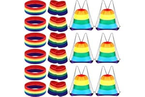 SEEWEY 24 Pcs Rainbow Pride Sweatband and Workout Gear Set Includes 6 Sets Colorful Striped Sweatband Set Head Wrist Sweat Bands with 6 Gay Flag Drawstring Backpack Bag for Women Men