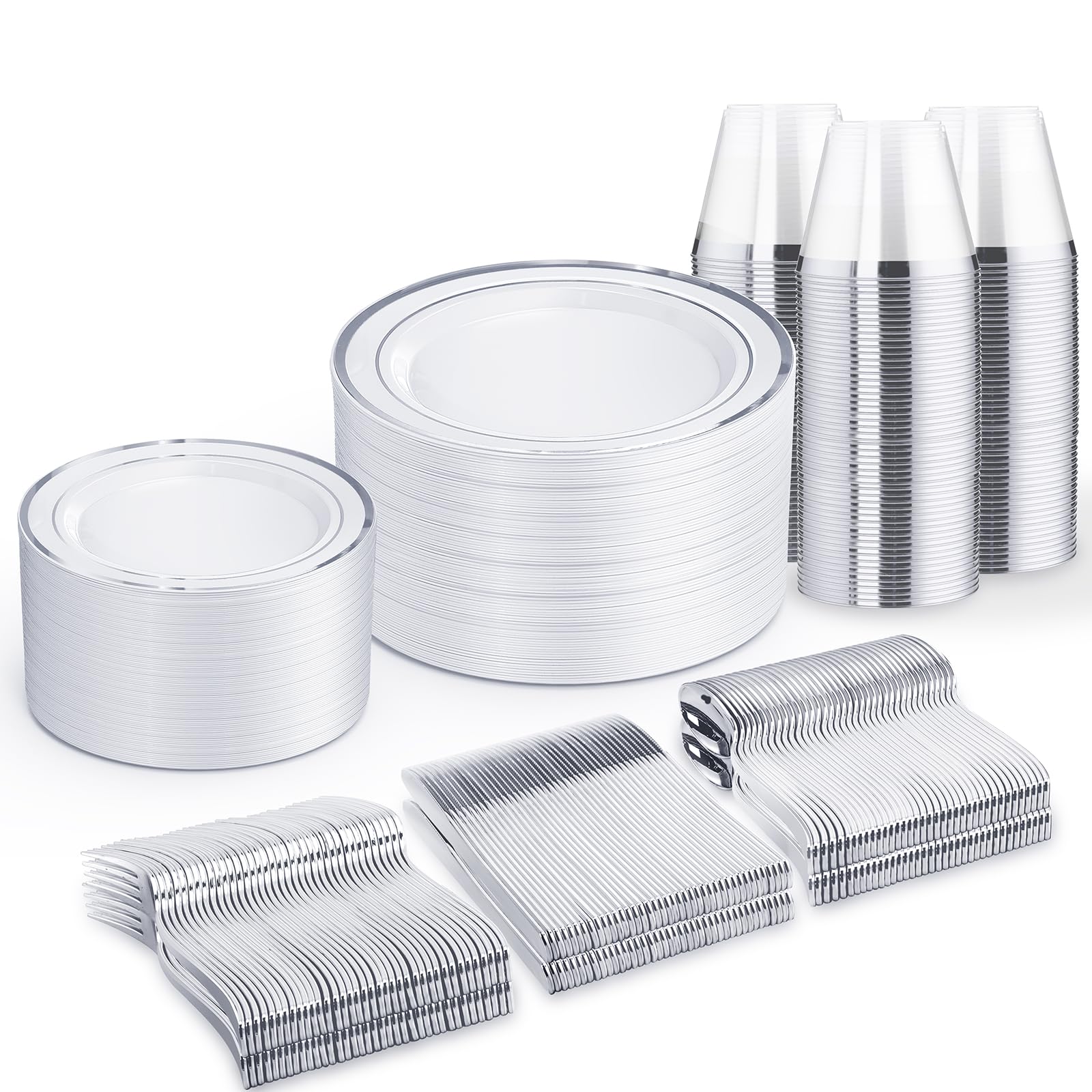Photo 1 of WELLIFE 450 PCS Silver Disposable Dinnerware Set for 75 Guests, Wedding Plates Silver Plastic Plates for Party, Including 75 Dinner Salad Plates, Cups, Forks Knives Spoons for Wedding and Party