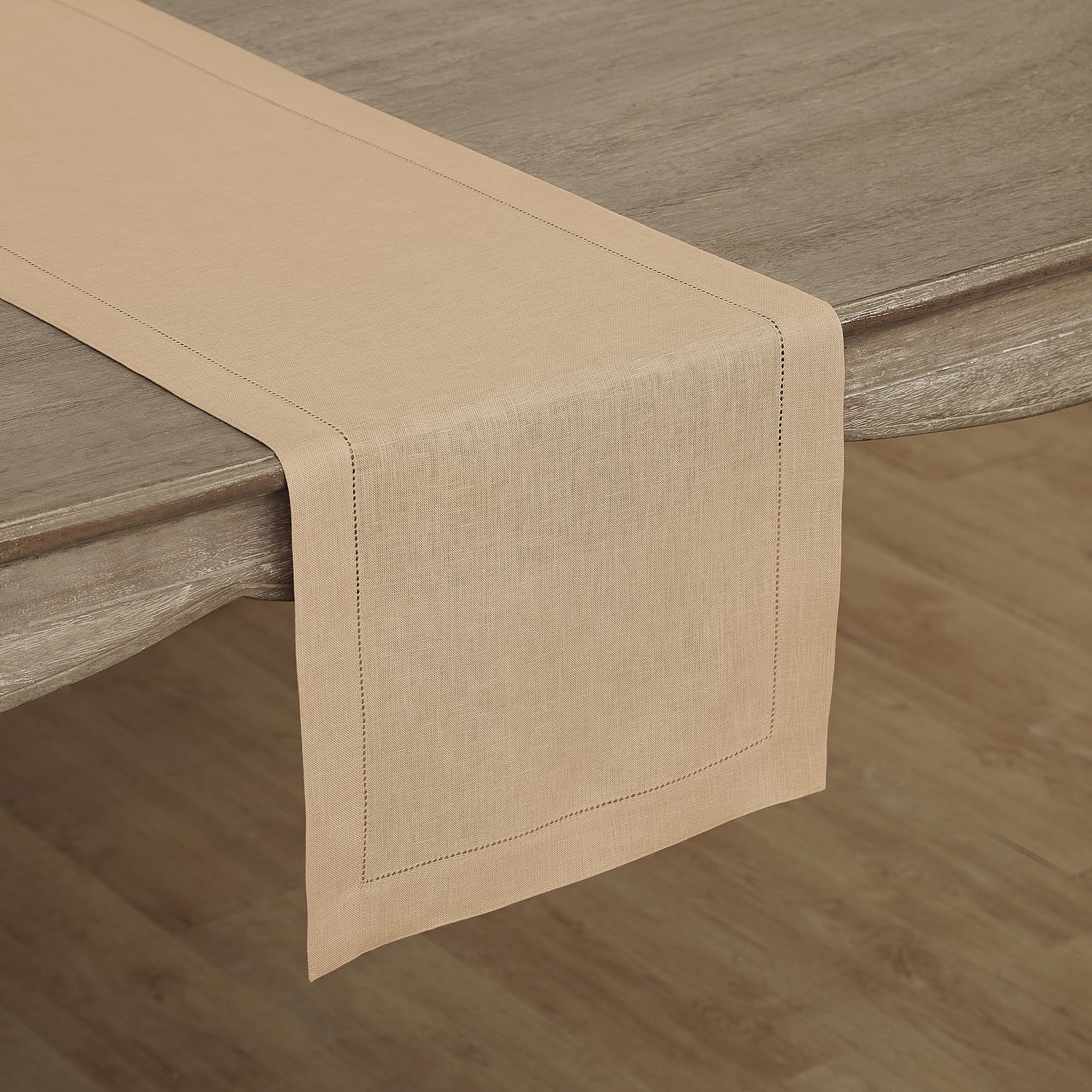 Solino Home Beige Linen Classic Hemstitch Table Runner 16 x 120 Inch - 100% Pure Linen - Machine Washable