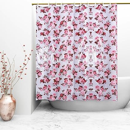 Kuber Industries Floral PVC Shower Curtain with 8 Hooks - 54x84, Multicolour
