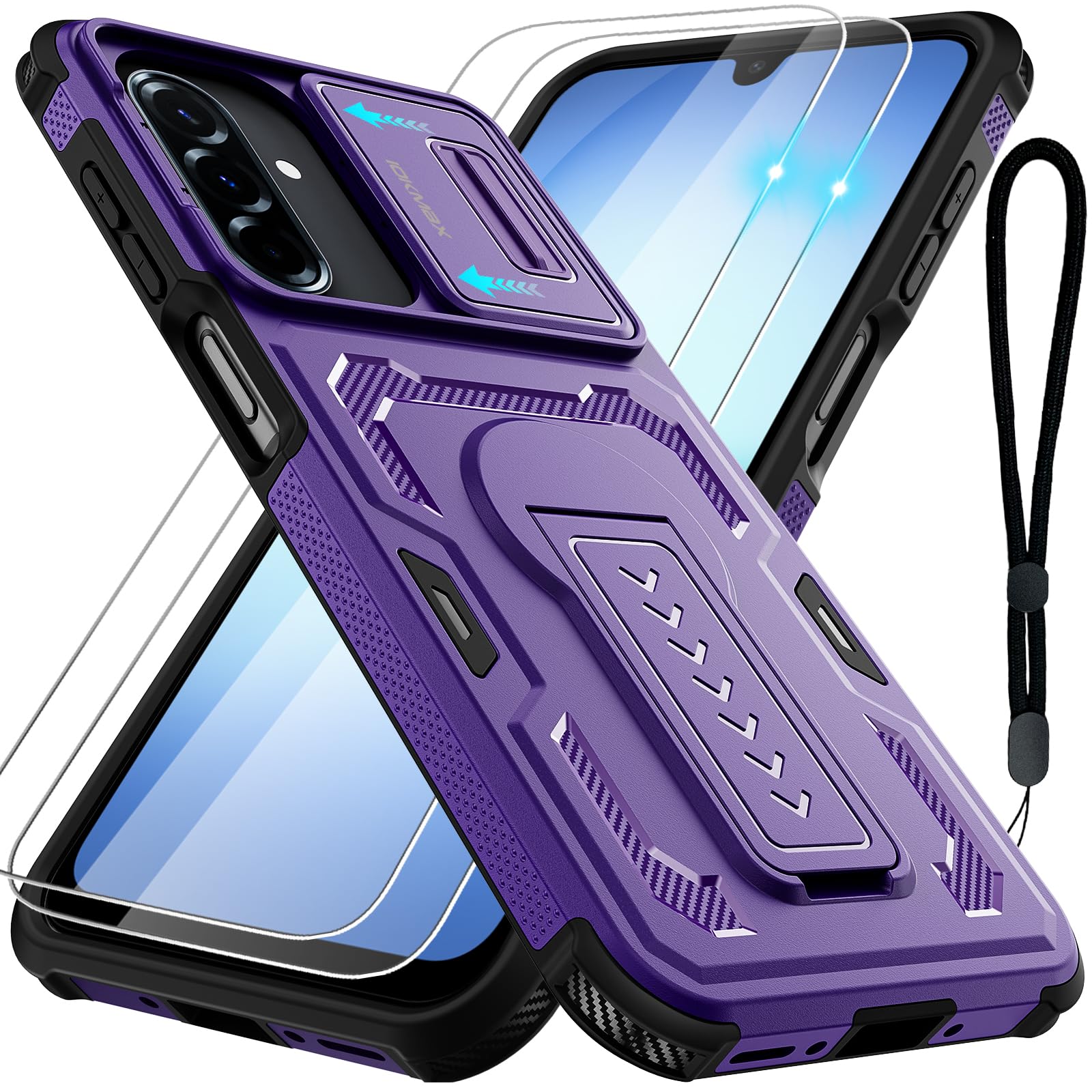 Iokmax for Samsung Galaxy A16/ A17/ A26 Case with 2 Pack Screen Protector, Slide Camera Lens Cover, Kickstand, Lanyard Strap, Dual Layer Shockproof Non-Slip Case, Purple