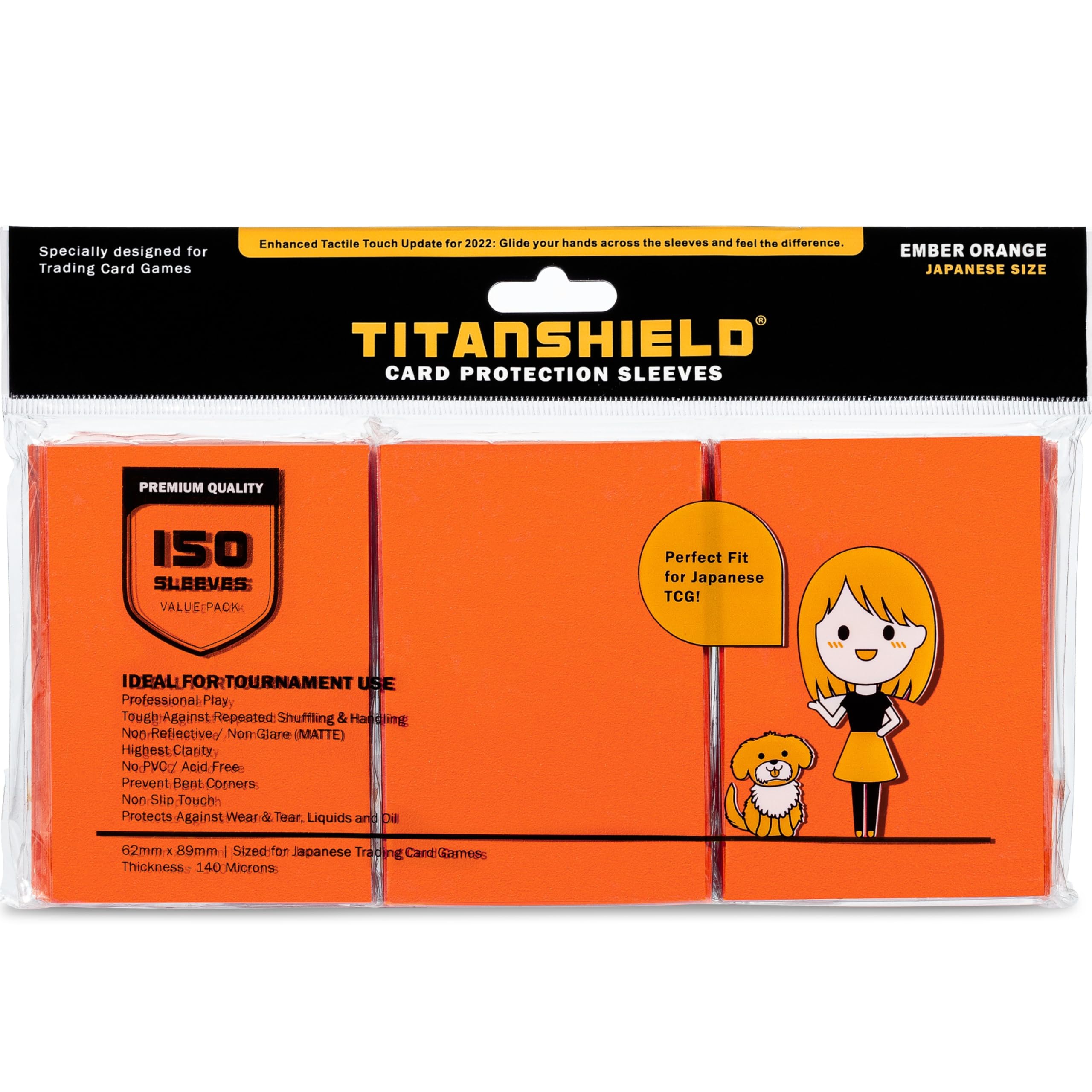 TitanShield (150 Sleeve/Ember Orange Small Japanese Sized Trading Card Sleeves Deck Protector for Yu-Gi-Oh, Cardfight!! Vanguard & More